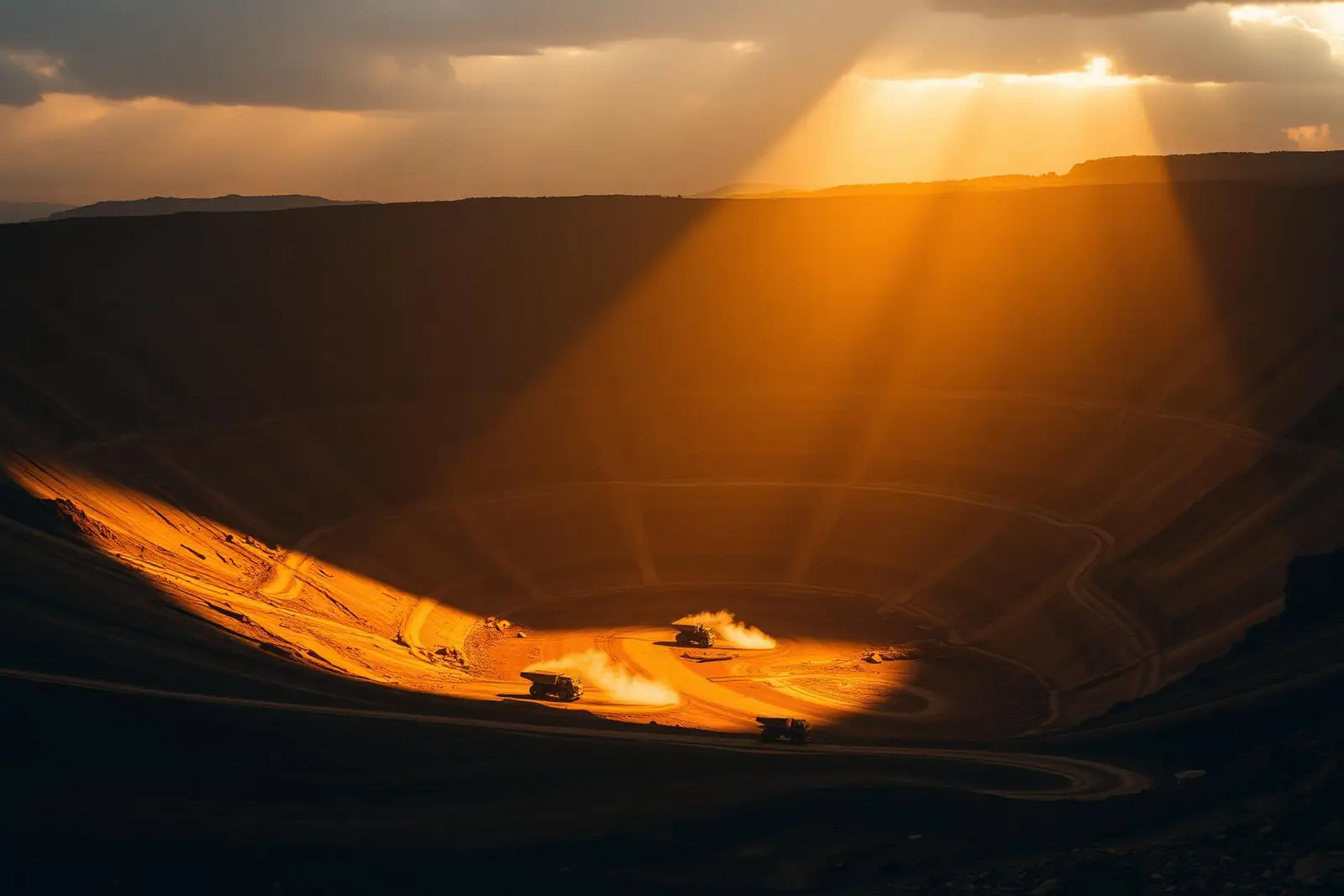 Open-pit gold mine at golden hour, aerial editorial photograph